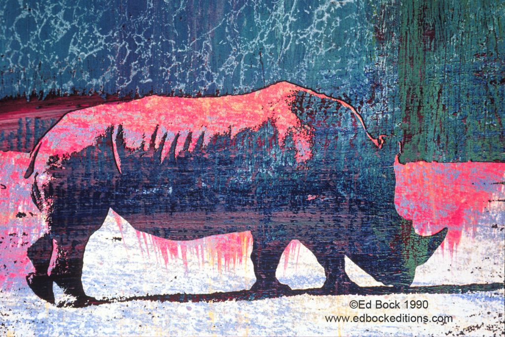 Rhino, Rhinoceros, Blue, animal, green, red, Mixed media, art, acrylic, watercolor, fine art, prints, artwork, collage, poster, photo, canvas, giclee, painting, contemporary, modern, abstract, colorful, art prints from Ed Bock, EdBockEditions